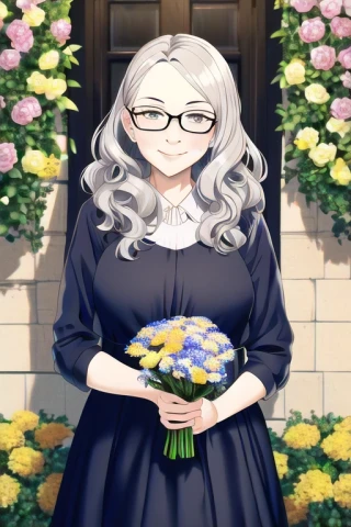 wavy hair, glasses, flower, elderly woman, dress